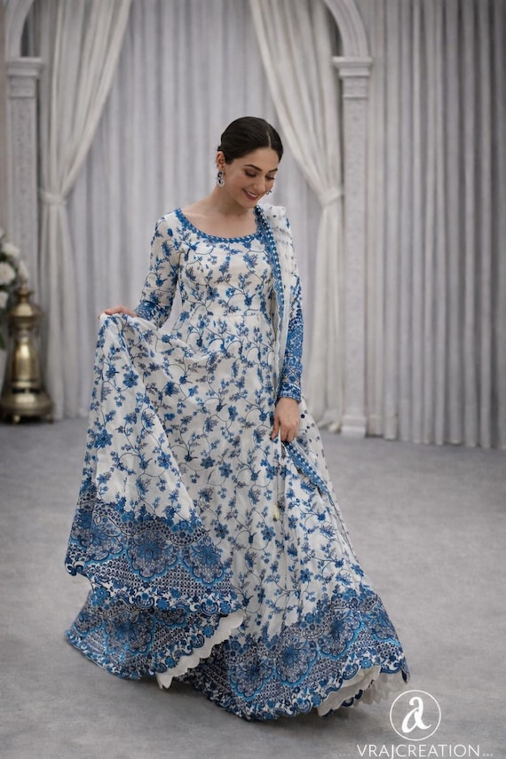 Women Anarkali Suit Set, Faux Georgette Embroidered Dress
