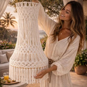 May include: Cream-colored macrame pendant light with a fringed bottom. The light fixture is held up by a white cord and has a woven design. The light is being held up by a person in a white dress.