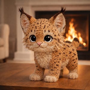 Op de afbeelding: Een handgemaakte gehaakte lynx-figuur met grote, expressieve ogen en een lieve uitdrukking. Het pluche speelgoed is bruin met bruine vlekken en gepluimde oren. Het staat op een houten oppervlak.