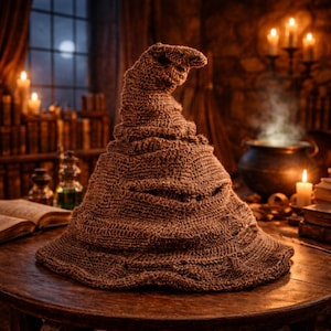 May include: A brown, knitted wizard's hat with a pointed top and wide brim sits on a wooden table. The hat is the focal point, with a background of candles, books, and a cauldron, creating a magical theme.