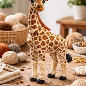 May include: A handcrafted crochet giraffe with a cream and brown spotted pattern. The giraffe has a long neck, small ears, and a black tail. It is standing on a wooden surface, surrounded by yarn and craft supplies.