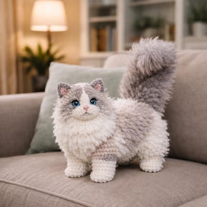 Puede incluir: Una figura de gato de ganchillo hecha a mano con un aspecto suave y texturizado. El gato presenta una combinación de colores gris y blanco, con ojos azules y una nariz rosa. El gato está sobre un sofá de color neutro.