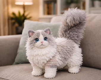 Patron au crochet fait main chat pelucheux PDF - chat ragdoll amigurumi - peluche chaton réaliste - téléchargement immédiat