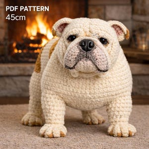 Op de afbeelding: Een crèmekleurig, gehaakt bulldogfiguur, ongeveer 45 cm hoog, met bruine vlekken en een gedetailleerd gezicht. De tekst "PDF PATTERN" en "45cm" zijn zichtbaar. De hond staat op een neutraal gekleurd tapijt.