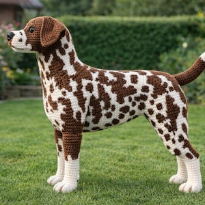 May include: A handcrafted crochet Dalmatian dog with brown spots on a white background. The dog is standing on green grass, with a house and garden visible in the background. The dog's tail is up.