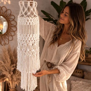 Op de afbeelding: Een handgemaakte, crèmekleurige macramé hanglamp. De lamp in bohemien stijl heeft ingewikkelde knopen en een gelaagd franjedesign. De lamp hangt aan een houten ring en is ideaal voor het toevoegen van textuur en warmte aan een ruimte.