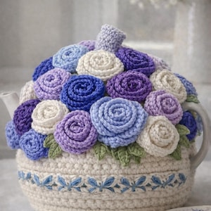 Mönster för virkad tekanna – Blommiga rosor, Cottagecore köksdekor (PDF-nedladdning)