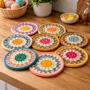 May include: A selection of vibrant, handmade crochet coasters displayed on a wooden surface. Each coaster showcases a floral pattern with a central circle and radiating petals in diverse colours, such as yellow, pink, blue, and green. The coasters are approximately 10 cm in diameter.