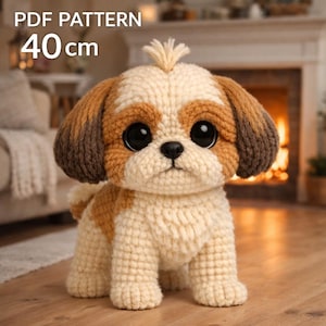 Puede incluir: Un perro Shih Tzu tejido a ganchillo con grandes ojos negros, de color crema, marrón y canela. El perro mide aproximadamente 40 cm de altura y tiene un mechón de pelo en la cabeza. La imagen incluye el texto "PDF PATTERN".