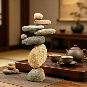 Stacked River Rocks Cairn Statue, 8 Stone Zen Garden Decor, Balanced Outdoor Art