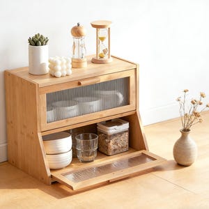Double Layer Bamboo Bread Box, Large Capacity Storage Bin (Natural, Medium)