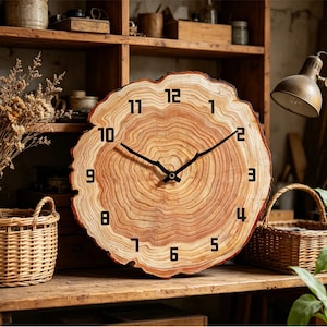 Puede incluir: Un reloj de madera redondo hecho de una sección transversal de árbol, con anillos de crecimiento visibles. El reloj tiene manecillas y números negros. Se muestra sobre una superficie de madera, con cestas y estantes en el fondo.