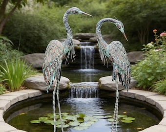 Juego de 2 estatuas de grullas de metal, arte de garza con pátina, decoración de jardín con pájaros de 42-46 pulgadas