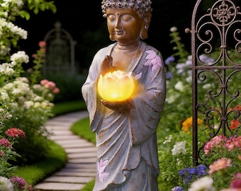 Estatua de Buda con energía solar, adorno de jardín con loto iluminado, decoración para patio o jardín.