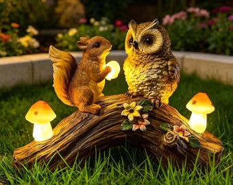 Estatua solar de búho y ardilla para jardín, figura de resina pintada a mano con luces de hongos.