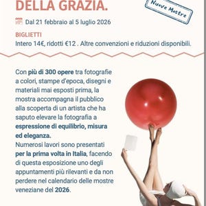 May include: Poster for an art exhibition titled "HORST P HORST. LA GEOMETRIA DELLA GRAZIA." featuring a red sphere balanced on a person's feet. The poster includes text in Italian, dates, and exhibition details.