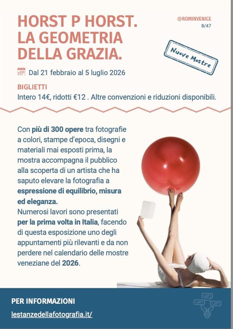 May include: Poster for an art exhibition titled "HORST P HORST. LA GEOMETRIA DELLA GRAZIA." featuring a red sphere balanced on a person's feet. The poster includes text in Italian, dates, and exhibition details.