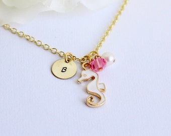 Real Pearl Nautical Seahorse Necklace Gold Colored Personalized with Initial, Hand Stamped Necklace, Girls Charm Necklace, Sea Beach Jewelry