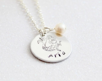 Girls Personalized Name Necklace, MERMAID, Real Pearl, Little Girl Custom Stamped Jewelry Gift Birthday, Children's Jewelry, Girls Jewelry