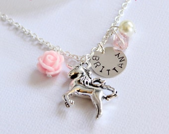 Unicorn Charm Necklace for Girls, Sterling Silver Personalized Name, Believe in Unicorns, Unicorn Jewelry, Girls Necklace, Stamped Jewelry