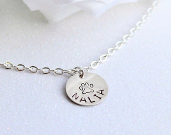 Sterling Silver Personalized Necklace, Pet Bereavement, Engraved PAW with Name, Date, Hand Stamped Jewelry