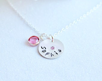 Personalized Name Necklace with Little Pink Flower - Birthstone Jewelry