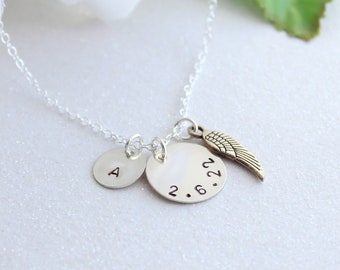 Angel Wing Necklace- Remembrance Jewelry - Personalized with Date, Name, Initial Sterling Silver