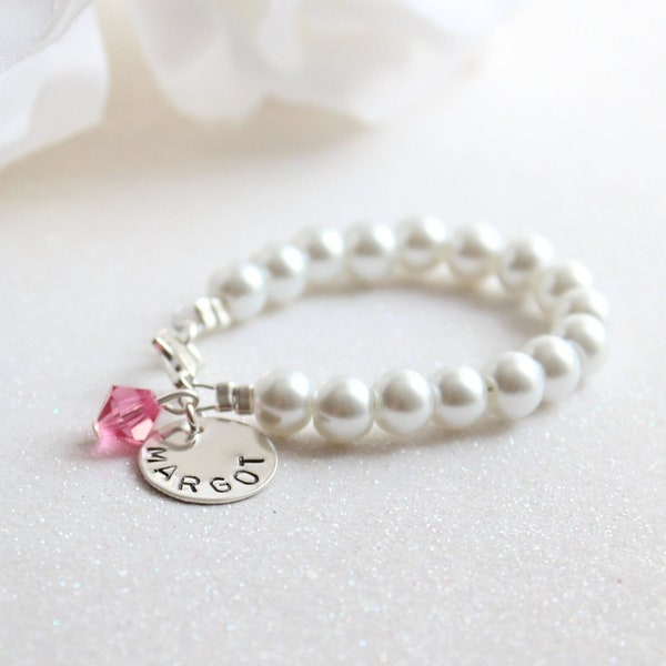 BABY GIRL Pearl Bracelet, Hand Stamped Sterling Silver Charm Personalized New Baby Gift, Keepsake, 1st Pearls, Birthday,