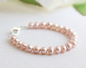 Real Pearls Pink Baby Bracelet, Gift for Baby Girl, Genuine Freshwater Pearls