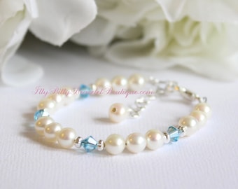 Real Pearls Baby Bracelet Keepsake, Something Blue, Something Old, Genuine Freshwater Pearls & Swarovski Crystal, BABY GIRL New Baby GIFT