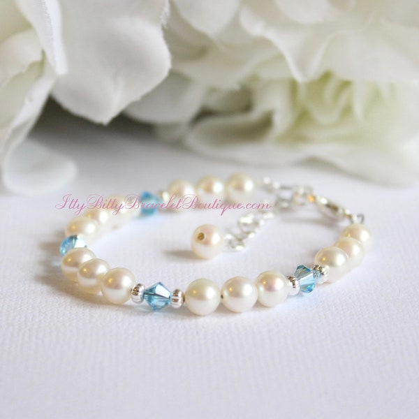 Real Pearls Baby Bracelet Keepsake, Something Blue, Something Old, Genuine Freshwater Pearls & Swarovski Crystal, BABY GIRL New Baby GIFT