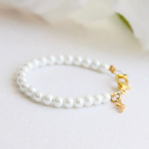Pearl Baptism Bracelet with Gold Cross, Keepsake Gift for Child, Communion, Dedication, Small Pearls