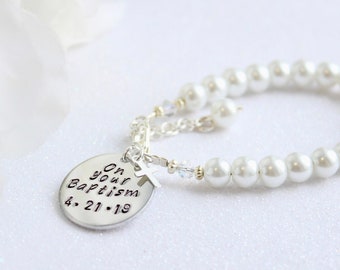 Baptism Gift White Pearl Baby Bracelet Keepsake with Sterling Silver Cross