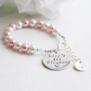 Birthday Gift Pearls Baby Toddler Bracelet, 1st 2nd 3rd Engraved Birthday Keepsake, Pink and White, Grandchild Gift BABY GIRL Girls Bracelet