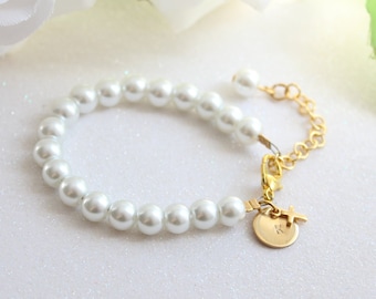 Baby Girl Pearl Bracelet with Gold Initial and Cross, Adjustable, Baptism Communion Dedication Blessing