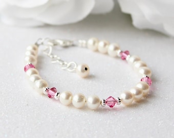 Baby Girl Bracelet Real Pearls Adjustable w/ Birthstones, Freshwater Pearls New Baby Gift Keepsake Bracelet Crystal and Sterling Silver