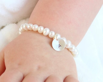 Real Pearl Bracelet with Sterling Silver Initial, Genuine Freshwater Pearls, Child Baby Gift