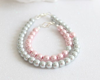 Mother Daughter Bracelets, Granddaughter Gift, Mommy & Me, Baby Shower, New baby Gift, Baby Pink and Silver Grey Pearl Bracelets