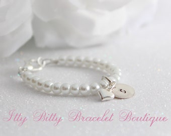 Personalized Baby Bracelet- Sterling Silver Initial, Tiny Pearls and Silver Puff Heart Charm