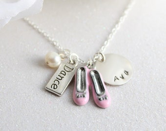 Pink Ballerina Shoes Charm Necklace for Girls Personalized Name Sterling Silver