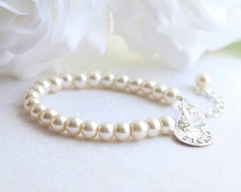 Cream Pearls Sterling Silver Name Bracelet, Flower Girl Gift, Girls Pearl Bracelet Kids Jewelry, Keepsake Bracelet