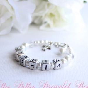 Personalized Baptism Gift, Pearl Name Bracelet & Cross with Letter Blocks Christening, Dedication New Baby, Little Girls Name Bracelet