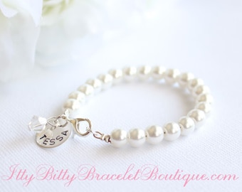 Sterling Silver Personalized Charm, Flower Girl Gift, Hand Stamped, Girls Pearl Bracelet Kids Jewelry, Jr Bridesmaid