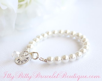 Sterling Silver Name Charm, Pearl Bracelet for Flower Girl Gift, Little Girls, Jr Bridesmaid, Keepsake Kids Bracelet