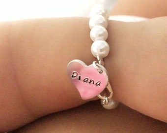 Personalized Heart Charm Bracelet BABY GIRL Pearl Keepsake Gift, New Baby Gift, 1st Pearls, Birthday, Baby Shower Gift