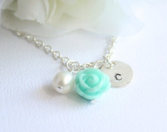Sterling Silver Real Pearl, Personalized Hand Stamped Initial Robin egg Blue, Mint Flower Necklace, Flower Girl Gift
