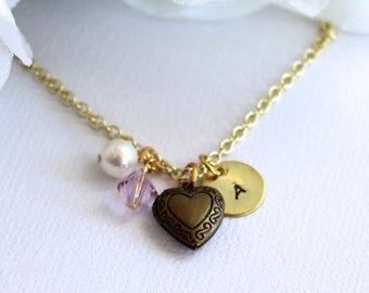 Tiny Heart Locket Personalized Necklace, Gold Initial