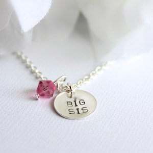 Big Sister Necklace, Sterling Silver Hand Stamped Charm Birthstone Big Sis, Pregnancy Announcement, Girls Jewelry