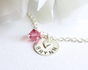 Sterling Silver Personalized Name Necklace with Heart and Birthstone- Your Choice of Color