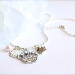 Princess Necklace, Sparkly Crown Tiara, Sterling Silver Personalized Hand Stamped Name, Charm Necklace Princess Jewelry
